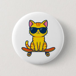Chapa Redonda De 5 Cm Gato genial de monopatín con gafas de sol Cartoon