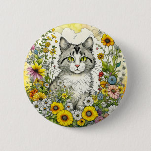 Chapa Redonda De 5 Cm Gato Gris gitano sentado en flores