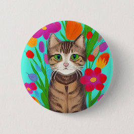 Chapa Redonda De 5 Cm Gato gris puro personalizado con flores de colores