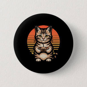 Chapa Redonda De 5 Cm Gato Jugador de Videojuegos Retro Atardecer Gamer
