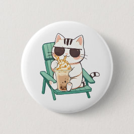 Chapa Redonda De 5 Cm Gato Kawaii Chibi con Gafas de Sol Bebiendo Frappè
