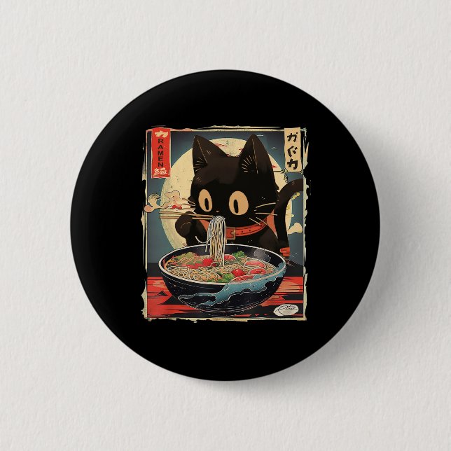 Chapa Redonda De 5 Cm Gato Kawaii comiendo fideos de Ramen Chicas de reg (Anverso)
