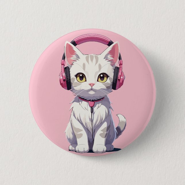 Chapa Redonda De 5 Cm Gato Kawaii con Auriculares (Anverso)