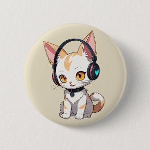 Chapa Redonda De 5 Cm Gato Kawaii con Auriculares Balanceantes