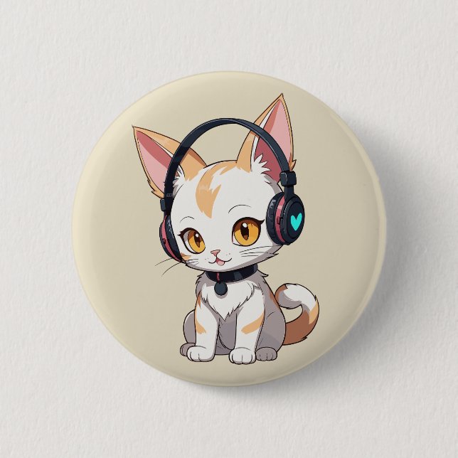 Chapa Redonda De 5 Cm Gato Kawaii con Auriculares Balanceantes (Anverso)