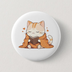 Chapa Redonda De 5 Cm Gato Kawaii Leyendo Diseño de Gatito Gusano de Lib