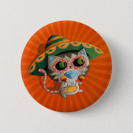 Chapa Redonda De 5 Cm Gato mexicano con el sombrero