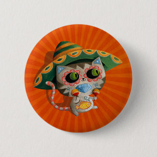 Chapa Redonda De 5 Cm Gato mexicano con el sombrero