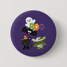 Chapa Redonda De 5 Cm Gato, murciélago, momia y fantasma de Halloween