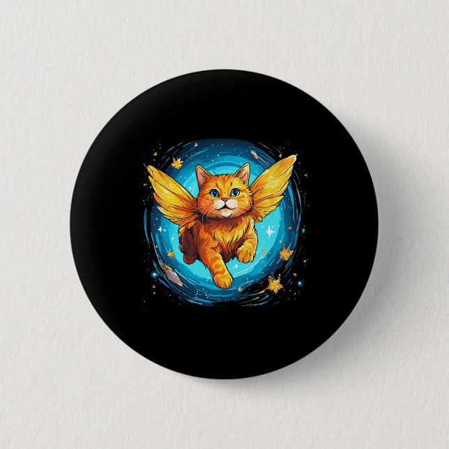 Chapa Redonda De 5 Cm Gato naranja Ginger con alas mariposa en el espaci (Anverso)