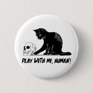 Chapa Redonda De 5 Cm Gato negro con cráneo jugando conmigo, humano ater