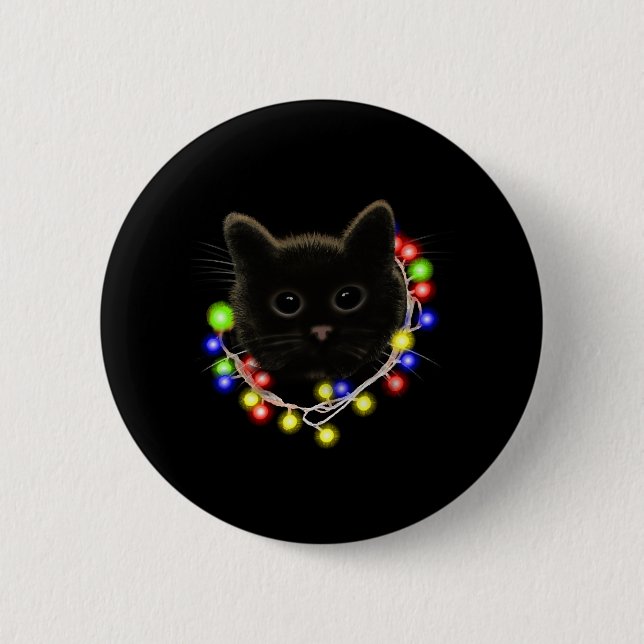 Chapa Redonda De 5 Cm Gato negro con luces de Navidad (Anverso)
