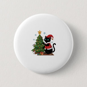 Chapa Redonda De 5 Cm Gato Negro de Navidad Sombrero de Santa Claus Árbo