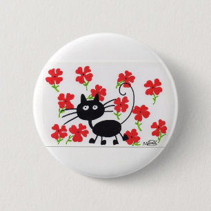 Chapa Redonda De 5 Cm Gato negro del dibujo animado y flores rojas