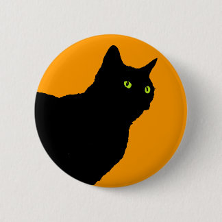 Chapa Redonda De 5 Cm Gato negro del perfil en el naranja