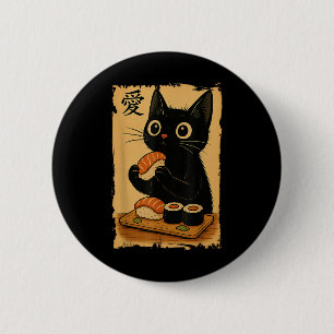 Chapa Redonda De 5 Cm Gato negro kawaii lindo comiendo sushi divertido j