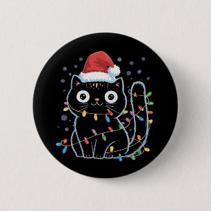 Chapa Redonda De 5 Cm Gato negro lindo Santa Luces de Navidad Maullido G