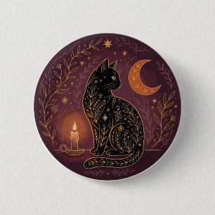 Chapa Redonda De 5 Cm Gato Negro Místico Celestial Bruja Halloween