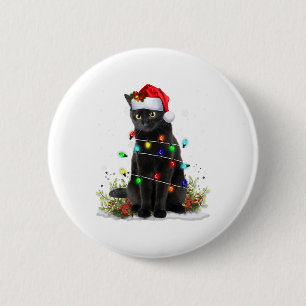 Chapa Redonda De 5 Cm Gato Negro Sombrero de Santa de Navidad Divertido