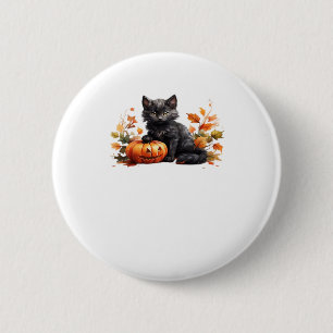 Chapa Redonda De 5 Cm Gato Negro y Calabaza � Acuarela de Halloween Ador