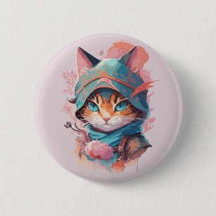Chapa Redonda De 5 Cm Gato Ninja Encapuchado Cute Acuarela