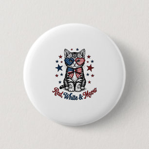 Chapa Redonda De 5 Cm Gato Patriótico Rojo Blanco y Maullido Diseño Vint
