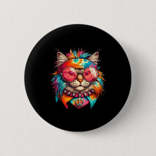 Chapa Redonda De 5 Cm Gato Psicodélico De La Paz Colorido Hippie Retro G