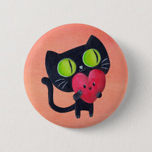 Chapa Redonda De 5 Cm Gato romántico que abraza el corazón lindo rojo