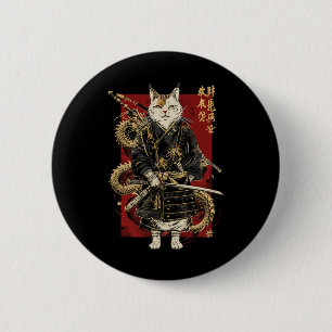 Chapa Redonda De 5 Cm Gato samurai con kanji japonés dragón
