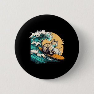 Chapa Redonda De 5 Cm Gato surfista, gato en tabla de surf, gato montand