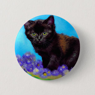 Chapa Redonda De 5 Cm Gato Van Gogh y flores
