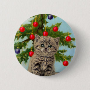 Chapa Redonda De 5 Cm Gato vintage y árbol de Navidad