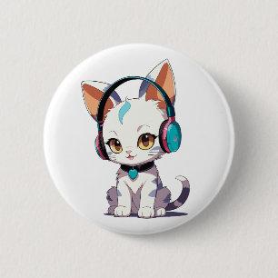 Chapa Redonda De 5 Cm Gatos Lindos con Auriculares Encanto