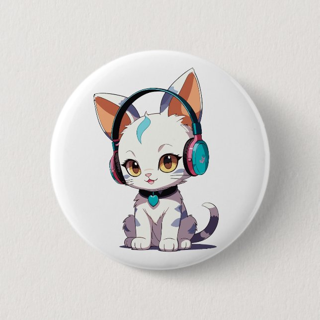 Chapa Redonda De 5 Cm Gatos Lindos con Auriculares Encanto (Anverso)