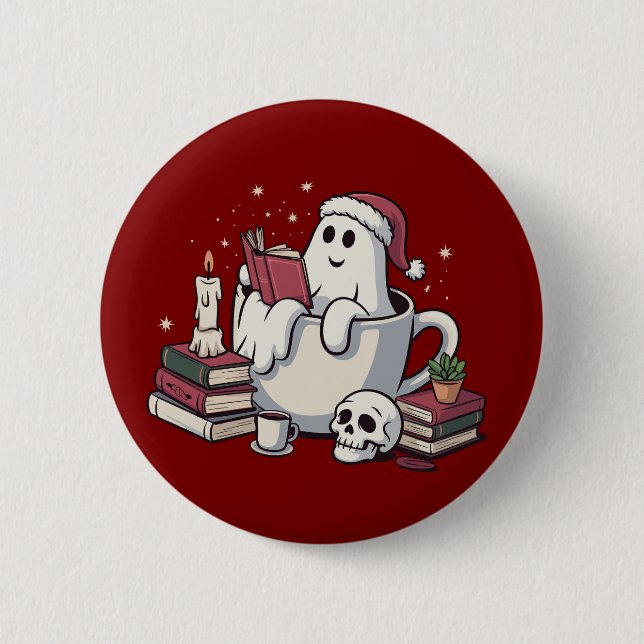 Chapa Redonda De 5 Cm Ghost Reading Books Navidades Teacher Bookworm (Anverso)