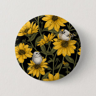 Chapa Redonda De 5 Cm girasoles silvestres y pájaros dorados/ amarillo