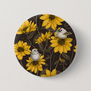 Chapa Redonda De 5 Cm girasoles silvestres y pájaros dorados/ amarillo