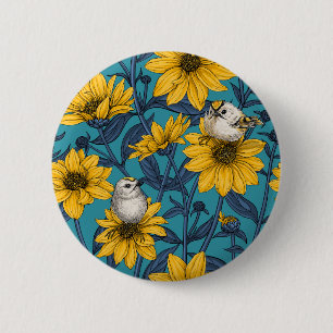 Chapa Redonda De 5 Cm girasoles silvestres y pájaros dorados/ amarillo