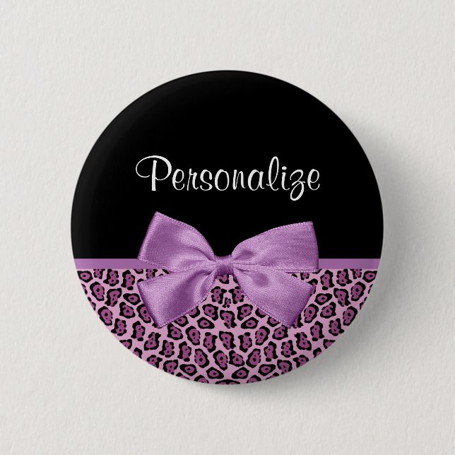 Chapa Redonda De 5 Cm Girly Purple Jaguar Print Cute Bow con nombre (Anverso)