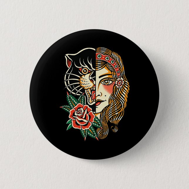 Chapa Redonda De 5 Cm Gitano pantera estadounidense tradicional tatuaje  (Anverso)
