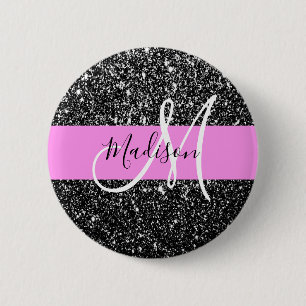 Chapa Redonda De 5 Cm Glam Chic Rosa Negro Brillo Destello Nombre Monogr