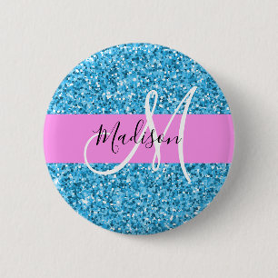 Chapa Redonda De 5 Cm Glam Cielo Azul Rosa Brillo Purpurina Monograma No