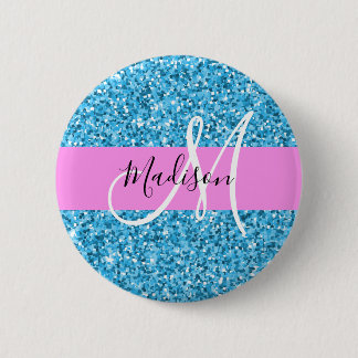 Chapa Redonda De 5 Cm Glam Cielo Azul Rosa Brillo Purpurina Monograma No