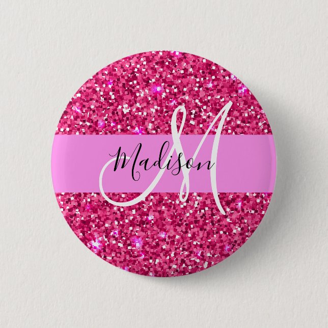Chapa Redonda De 5 Cm Glam Girly Purpurina rosado caliente Sparkles Nomb (Anverso)
