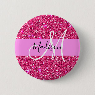 Chapa Redonda De 5 Cm Glam Girly Purpurina rosado caliente Sparkles Nomb
