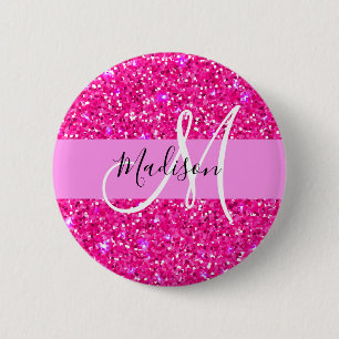 Chapa Redonda De 5 Cm Glam Girona Purpurina Rosado Caliente Sparkles Nom