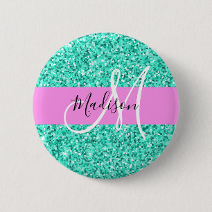 Chapa Redonda De 5 Cm Glam Pink and Aqua Purpurina Sparkles Monograma No