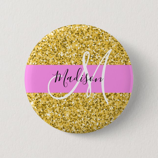 Chapa Redonda De 5 Cm Glam Pink and Gold Purpurina Sparkles Monograma No (Anverso)
