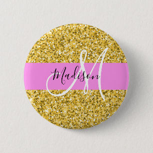Chapa Redonda De 5 Cm Glam Pink and Gold Purpurina Sparkles Monograma No