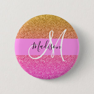 Chapa Redonda De 5 Cm Glam Pink & Gold Brillo Destello Gradiente Monogra